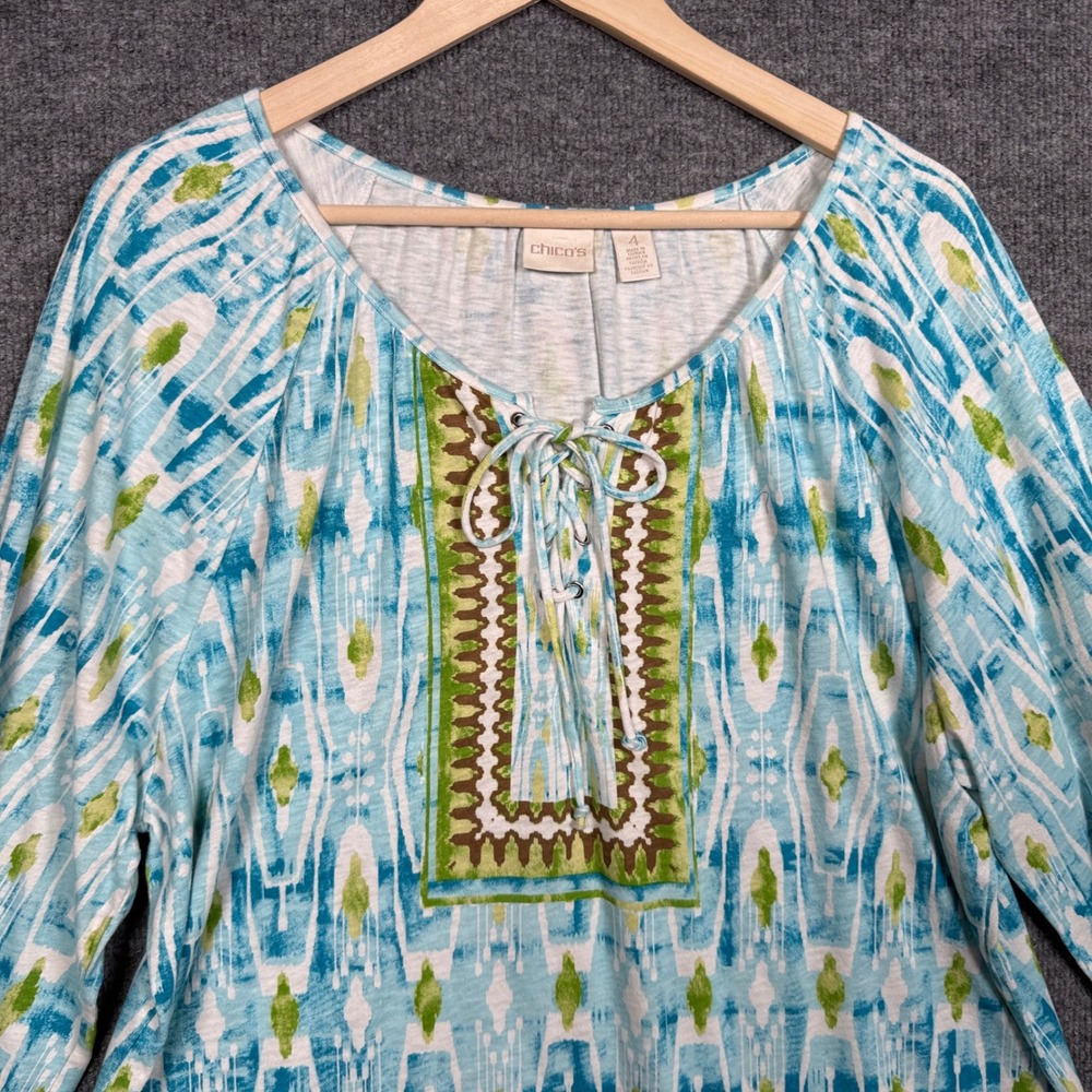 Chico's 4 US XXL Boho Peasant Top Blouse Blue Cotton Abstract Print Lace Up Tie - Picture 3 of 8